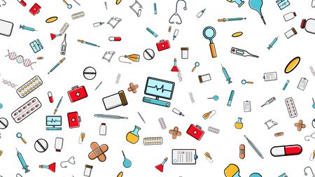 Seamless pattern texture of medicine items icons pricks pills pipettes stethoscopes tools doctor flasks capsules cans syringes on a white background flat lay top view. Vector illustration.のイラスト素材