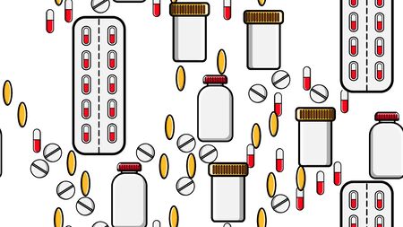 Seamless pattern texture of endless repetitive medicine tablets pills dragee capsules records cans of packs with medicines vitamins drugs on a white background flat lay top view. Vector illustration.のイラスト素材