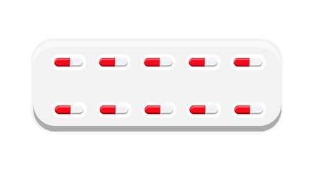Beautiful medical red and white plates with two-color pills capsules with medicine powder for the treatment of diseases pharmaceutical in packaging on a white background. Vector illustration.のイラスト素材