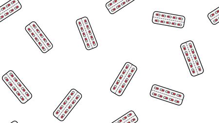 Seamless pattern endless texture of red medical medicinal pharmaceptic pill capsules in packaging plates on white background. Vector illustration.のイラスト素材