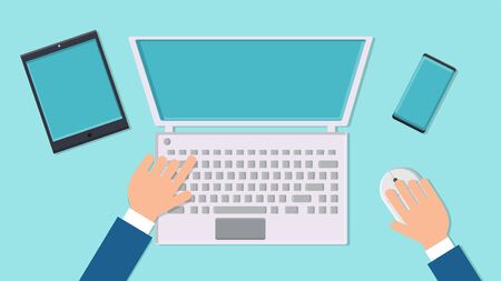 Vector illustration workplace desk of a man businessman with modern digital computer laptop with mouse and keyboard, tablet and smartphone on a blue background top view, flat lay.のイラスト素材