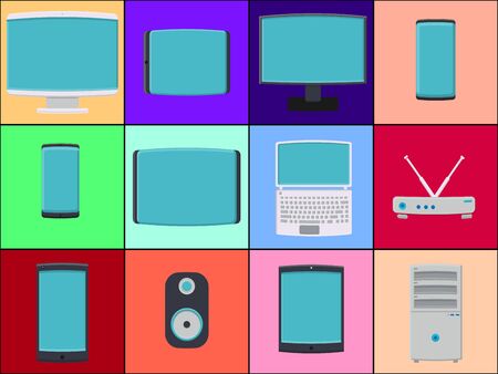 A large set of items of construction tool icons for home repair screwdrivers, wrenches, hammers, ladders, mops, shovels, brushes on the background of multi-colored squares. Vector illustration.のイラスト素材