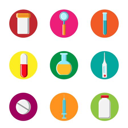 Set of medical icons in a circle, medical equipment items pills, loupes, syringes, cans, thermometers, flasks, capsules on a white background. Concept: computer modern new technologies in healthcare.のイラスト素材