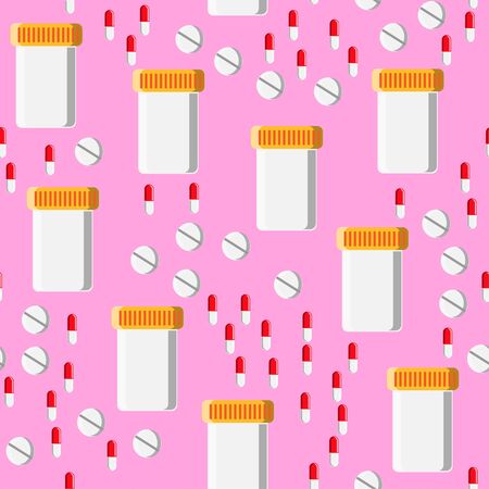 Medical seamless pattern, texture of multi-colored medicinal pharmaceutical beautiful tablets, cans, capsules, vitamins, drugs, antibiotics isolated on a pink background. Concept: health care.のイラスト素材