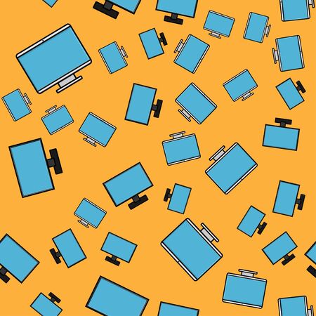 Seamless pattern, texture of modern digital rectangular lcd liquid crystal ice LED ips widescreen frameless monitors, screens, technology isolated on a yellow background. Vector illustration.のイラスト素材