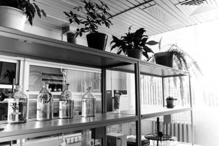 A large research chemical medical laboratory with devices equipped with flasks and test tubes in a refinery at an industrial refinery petrochemical chemical plant.の写真素材