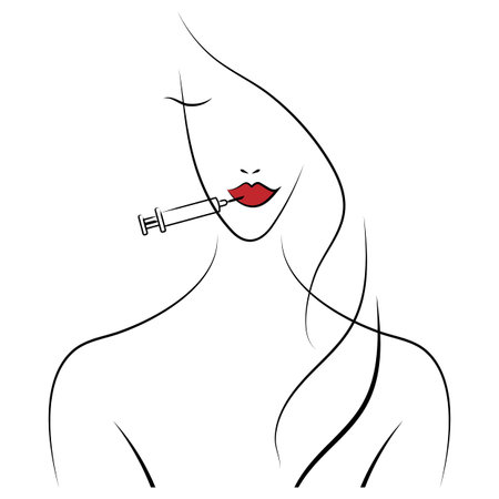 Beautiful woman girl uses injection cosmetology injects beauty injections with a syringe on her lips and face in a spa beauty salon isolated on a white background.Vector illustration.のイラスト素材