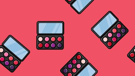 Texture endless seamless pattern of beautiful fashionable glamorous rectangular powder boxes with shadows for makeup and beauty guidance isolated on a red background. Vector illustration.のイラスト素材