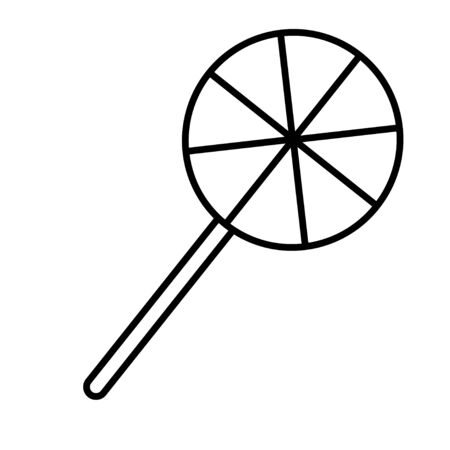 Black and white small simple linear icon of a beautiful festive New Year's Christmas treat, a long striped round candy on a stick on a white background. Vector illustration.のイラスト素材