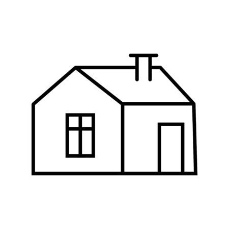 Black and white small simple linear icon of a beautiful festive New Year Christmas little house with a chimney and a sloping roof on a white background. Vector illustration.のイラスト素材