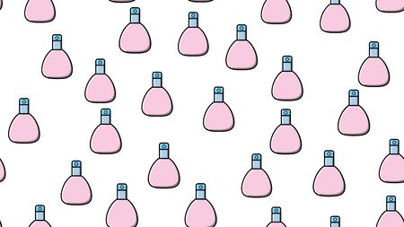 Endless seamless pattern of beautiful beauty cosmetic items of perfume and cologne bottles with a tasty pleasant smell on a white background. Vector illustration.のイラスト素材