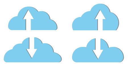 Set of four blue beautiful simple digital cloud icons with arrows download. Concept: cloud...