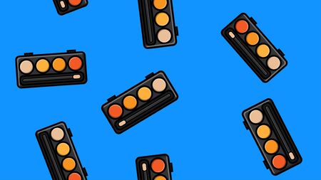 Endless seamless pattern of beautiful beauty cosmetic items of female fashionable powder boxes with shadows for applying makeup on a blue background. Vector illustration.のイラスト素材