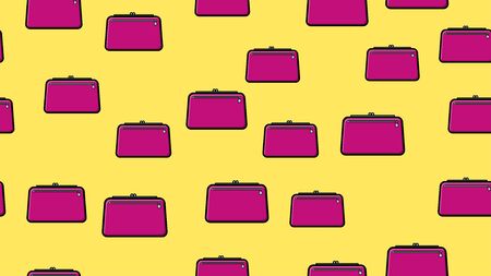 Endless seamless pattern of beautiful beauty items of female glamorous fashion accessories handbags and clutches on a yellow background. Vector illustration.のイラスト素材