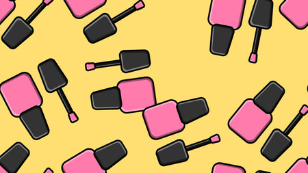 Endless seamless pattern of beautiful pink beauty cosmetic items for nail polish bottles for manicure on a yellow background. Vector illustration.のイラスト素材