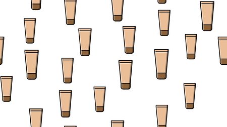 Endless seamless pattern of beautiful beauty items of female glamorous fashion tubes of makeup foundation on a white background. Vector illustration.のイラスト素材