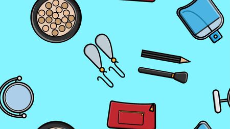 Endless seamless pattern of beautiful beauty items of female glamorous fashionable powders, lipsticks, varnishes, creams, cosmetics on a blue background. Vector illustration.のイラスト素材