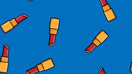 Endless seamless pattern of beautiful beauty items of female glamorous fashionable red lipsticks for makeup on a blue background. Vector illustration.のイラスト素材