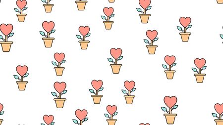 Texture seamless pattern of flat flower icons with hearts, love items for the holiday of love Valentine's Day February 14 or March 8 on a white background. Vector illustration.のイラスト素材