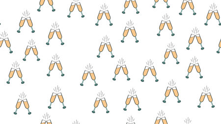 Texture seamless pattern from flat icons of champagne glasses, love items for the holiday of love Valentine's Day February 14 or March 8 on a white background. Vector illustration.のイラスト素材
