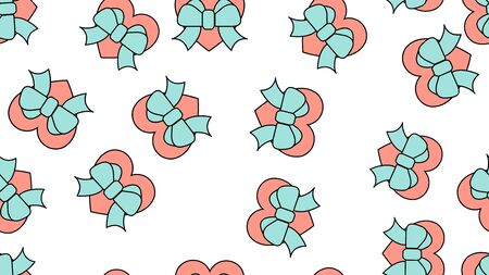 Texture endless seamless pattern from flat icons of hearts with bows, love items for the holiday of love Valentine's Day February 14 or March 8 on a white background. Vector illustration.のイラスト素材