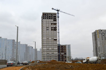 Construction of a new microdistrict with high houses, new buildings with developed infrastructure...