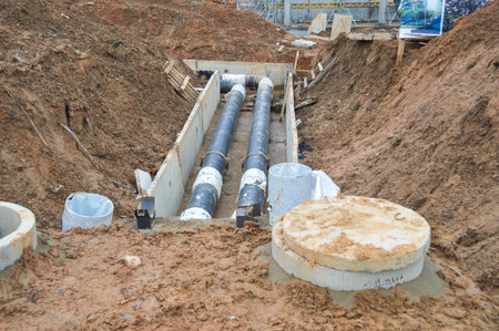 Large black metal and plastic water pipes for hot and cold water at a construction site during a...