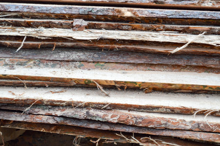 Lots of long wooden natural planed boards and sticks at a sawmill. The background. Texture. Concept:...