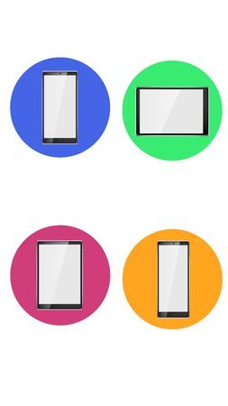 Set of four round icons for current with different modern mobile realistic smartphones and tablets on a white background. Vector illustration.のイラスト素材