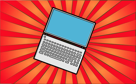 Modern digital laptop computer laptop on abstract red rays background. Vector illustration.