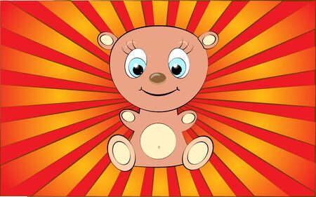 Big cute beautiful funny thick plush teddy bear toy girl on a background of abstract red rays. Vector illustration.のイラスト素材