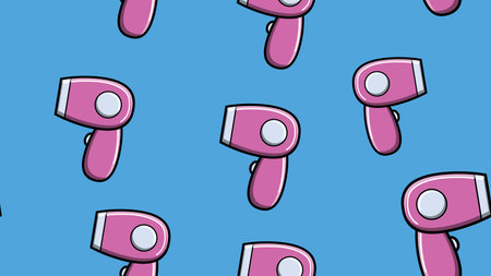 texture seamless pattern purple hair dryer for drying hair on a blue background for girls, barbie, doll hair dryer, toy hair dryer, hand dryer, wallpaper drawings. Vector illustration.のイラスト素材