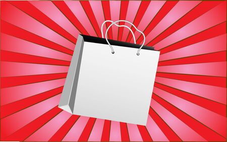 Paper white bag for shopping on a background of abstract red rays. Vector illustration.のイラスト素材