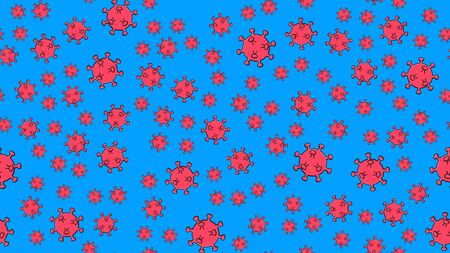 Endless seamless pattern of red dangerous infectious deadly respiratory coronaviruses pandemic epidemic, Covid-19 microbe viruses causing pneumonia on a blue background.のイラスト素材
