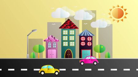 Beautiful sunny city with buildings and houses with trees and lanterns and cars on the road in a flat style.のイラスト素材