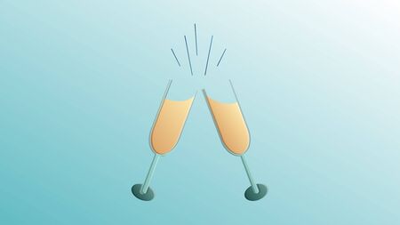 Beautiful festive love joyful winking glasses of champagne for a greeting card to the day of all lovers, Valentine's Day on a blue background.のイラスト素材