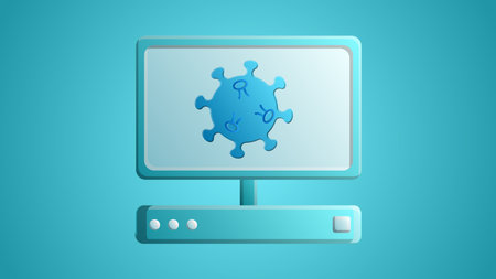Diagnosis, study of the treatment of the disease of the molecule of the virus of the coronavirus infection on a medical computer monitor on a blue background.のイラスト素材