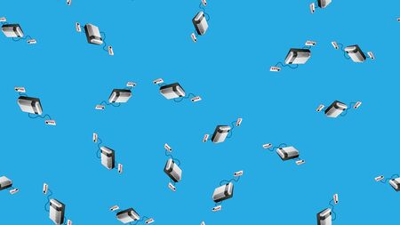 Seamless pattern of retro old hipster video game consoles texture from the 70s, 80s, 90s, 2000s on a blue background.のイラスト素材