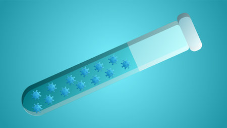 Glass laboratory medical flask scientific for the diagnosis and research of coronavirus infection disease covid-19 virus molecule on a blue background.のイラスト素材