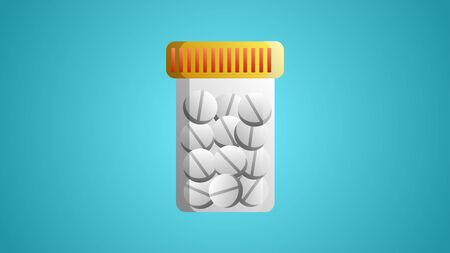 Medical white plastic jar for round tablets with medicines for the treatment of diseases on a blue background.のイラスト素材