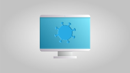 A modern digital computer with a monitor for online medicine to work on a cure for a dangerous deadly epidemic of the coronavirus Covid-19 disease virus pandemic. Vector illustration.のイラスト素材
