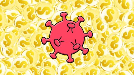 Red virus of dangerous deadly epidemic pandemic of the microbe coronavirus Covid-19 virus against the background of gold dollar coins. Vector illustration.のイラスト素材