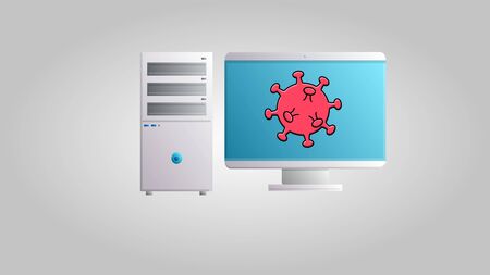 A modern digital computer with a monitor for online medicine to work on a cure for a dangerous deadly epidemic of the coronavirus Covid-19 disease virus pandemic. Vector illustration.のイラスト素材