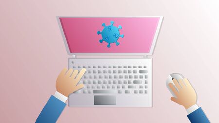 A medical doctor works with his hands on a computer laptop tablet over a vaccine drug for the pandemic virus coronovirus covid-19 in the laboratory or doctorâs office. Vector illustration.のイラスト素材