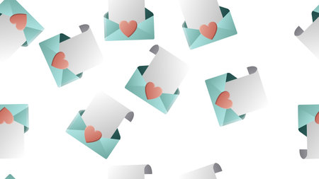 Endless seamless pattern of beautiful festive love joyful tender hearts in envelopes on a white...