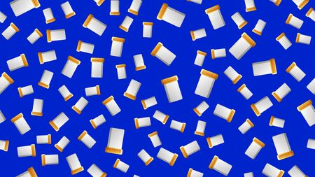 Endless seamless pattern of medical scientific medical items for jars for pills and medicine pills with capsules on a blue background. Vector illustration.のイラスト素材
