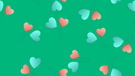 Endless seamless pattern of beautiful festive love joyful tender heart-shaped balloons on a green background. Vector illustration.のイラスト素材