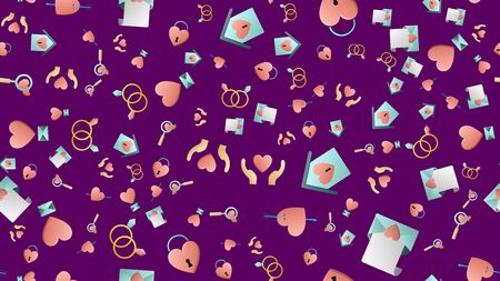 Endless seamless pattern of beautiful festive love joyful tender sets of heart objects with magnifying glasses houses arrows and letters on a purple background. Vector illustration.のイラスト素材