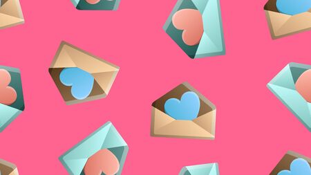 Endless seamless pattern of beautiful festive love joyful tender hearts in an envelope on a pink background. Vector illustration.のイラスト素材