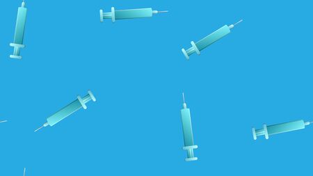 Endless seamless pattern of medical scientific medical items of pharmacological disposable sharp syringes for injections and vaccines on a blue background. Vector illustration.のイラスト素材